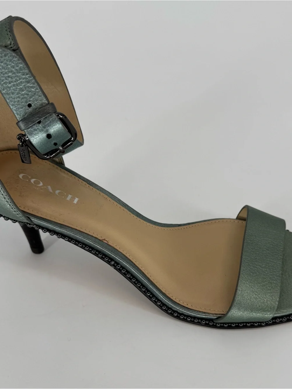 Coach Women’s Metallic Pewter Ankle-Strap Kitten Heel Sandals Size 7.5